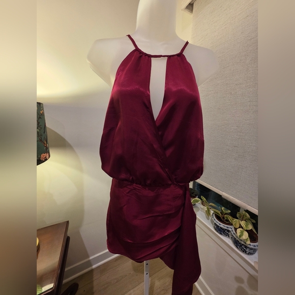HALARA Wine Satin Halter Wrap Mini Dress - Picture 7 of 10